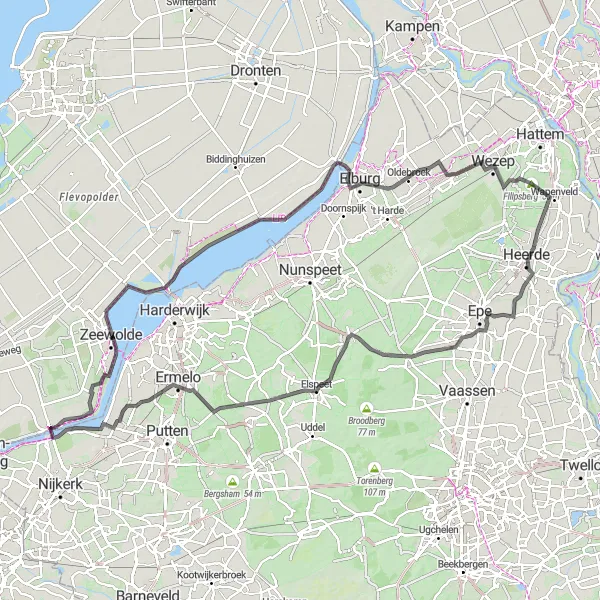 Miniatuurkaart van de fietsinspiratie "Rondrit door Heerde en Staverden" in Flevoland, Netherlands. Gemaakt door de Tarmacs.app fietsrouteplanner