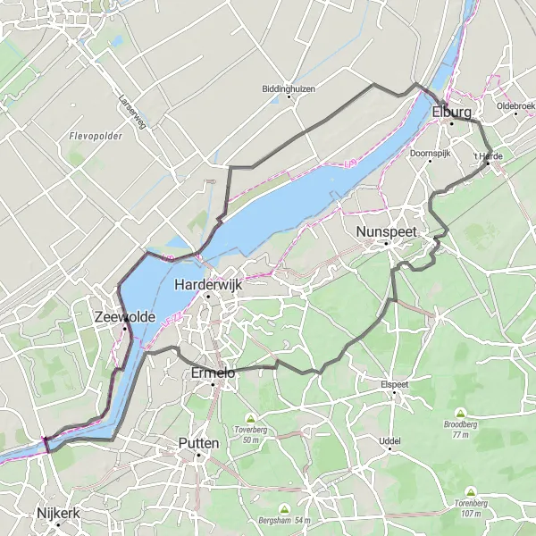 Map miniature of "The Veluwemeer Circuit" cycling inspiration in Flevoland, Netherlands. Generated by Tarmacs.app cycling route planner