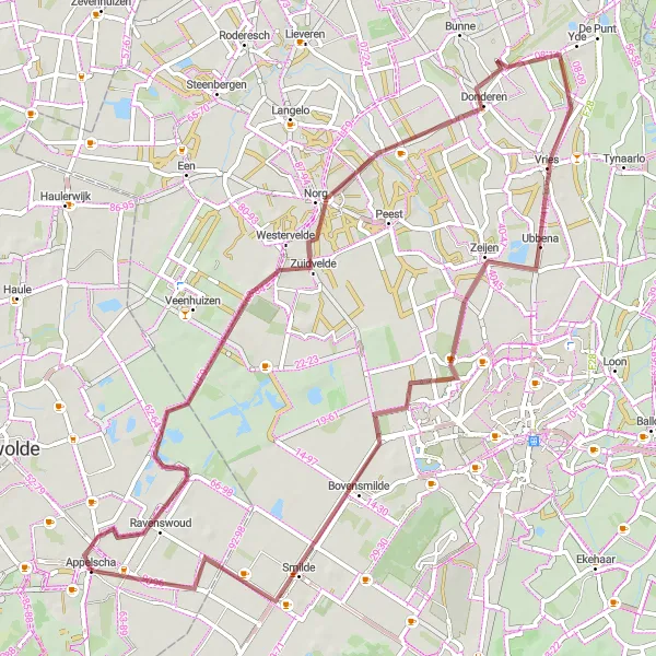 Miniatuurkaart van de fietsinspiratie "Gravel route Appelscha - Norg - Vries" in Friesland (NL), Netherlands. Gemaakt door de Tarmacs.app fietsrouteplanner