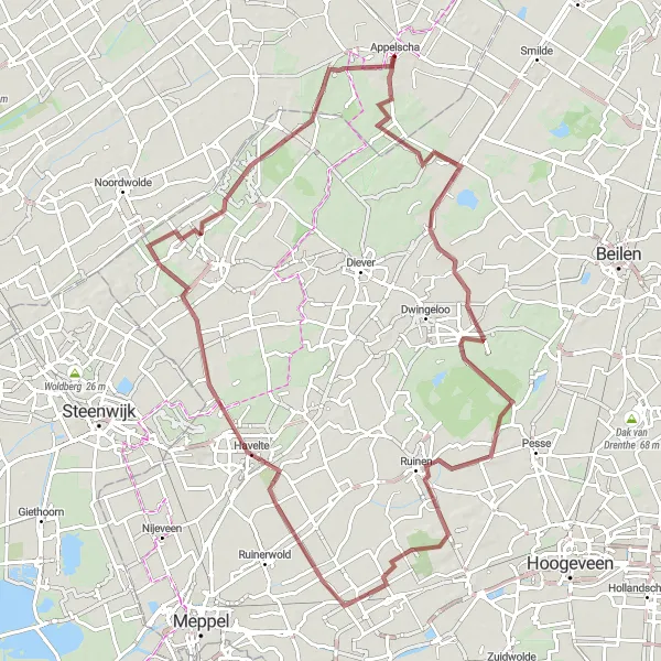 Map miniature of "Gravel Adventure in Drenthe and Overijssel" cycling inspiration in Friesland (NL), Netherlands. Generated by Tarmacs.app cycling route planner