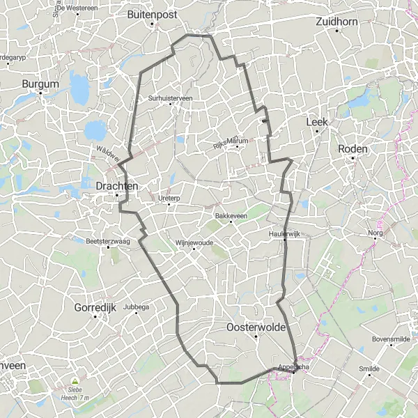 Miniatuurkaart van de fietsinspiratie "Bosbergtoren en Oude Riet Route" in Friesland (NL), Netherlands. Gemaakt door de Tarmacs.app fietsrouteplanner
