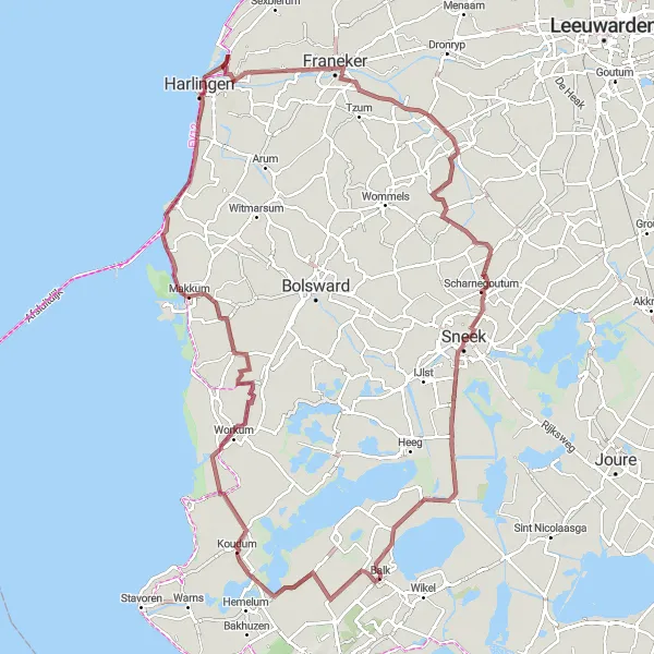 Miniatuurkaart van de fietsinspiratie "Lange fietstocht door het Friese landschap" in Friesland (NL), Netherlands. Gemaakt door de Tarmacs.app fietsrouteplanner