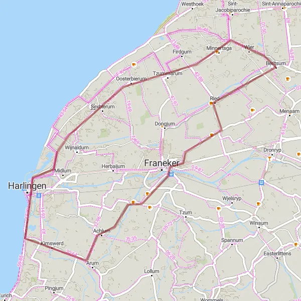 Miniatuurkaart van de fietsinspiratie "Gravel Route Franeker-Harlingen-Minnertsga" in Friesland (NL), Netherlands. Gemaakt door de Tarmacs.app fietsrouteplanner