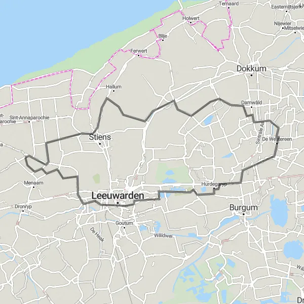 Miniatuurkaart van de fietsinspiratie "Wegen Route Bitgum-Leeuwarden-Berltsum" in Friesland (NL), Netherlands. Gemaakt door de Tarmacs.app fietsrouteplanner