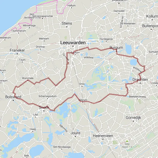 Miniatuurkaart van de fietsinspiratie "Gravel Route Bolsward - Bolsward via Wiuwert, Goutum, Burgum, Drachten, Nes, Ysbrechtum" in Friesland (NL), Netherlands. Gemaakt door de Tarmacs.app fietsrouteplanner