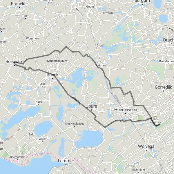 Miniatuurkaart van de fietsinspiratie "Avontuurlijke route vanuit Bolsward via Boazum, Jirnsum, De Knipe, Nieuweschoot, Ouwsterhaule, Sneek en Laad en Zaad" in Friesland (NL), Netherlands. Gemaakt door de Tarmacs.app fietsrouteplanner