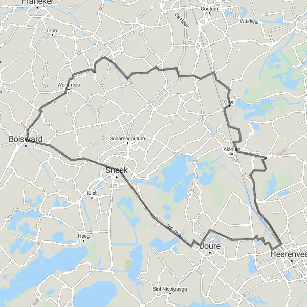 Miniatuurkaart van de fietsinspiratie "Fietsroute rond Bolsward via Burgwerd, Reduzum, Nes, Nieuwebrug, Oppenhuizen en Nijland" in Friesland (NL), Netherlands. Gemaakt door de Tarmacs.app fietsrouteplanner