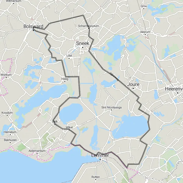 Miniatuurkaart van de fietsinspiratie "Ontdek de Friese meren en dorpen tijdens deze 99 km lange route vanuit Bolsward naar Heeg via Oppenhuizen, Echtenerbrug, Lemmer en Balk" in Friesland (NL), Netherlands. Gemaakt door de Tarmacs.app fietsrouteplanner