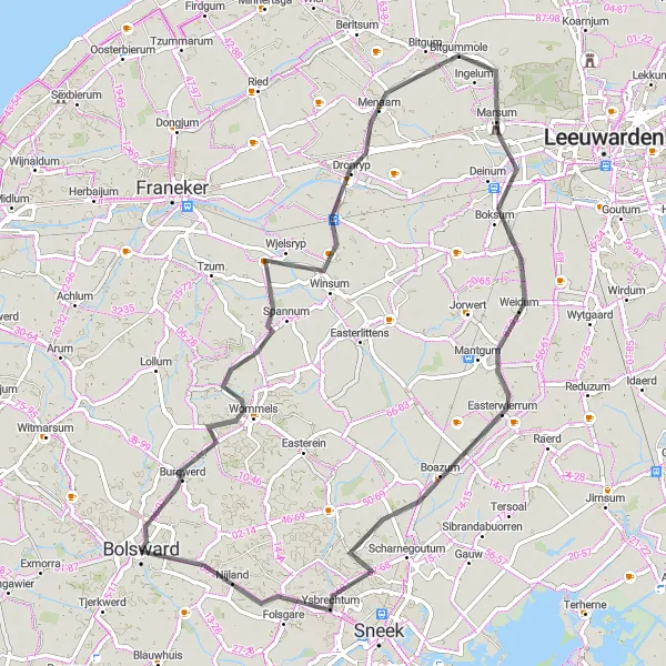 Miniatuurkaart van de fietsinspiratie "Pittoreske route vanuit Bolsward via Wommels, Menaam, Marsum, Boazum, Ysbrechtum en Laad en Zaad" in Friesland (NL), Netherlands. Gemaakt door de Tarmacs.app fietsrouteplanner