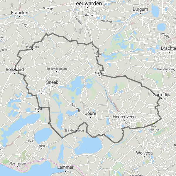 Miniatuurkaart van de fietsinspiratie "Road Route Bolsward - Bolsward via Burgwerd, Mantgum, Grou, Tijnje, Siebe Heech, Katlijk, Rotstergaast, Sint Nicolaasga, Heeg, Wolsumerketting" in Friesland (NL), Netherlands. Gemaakt door de Tarmacs.app fietsrouteplanner