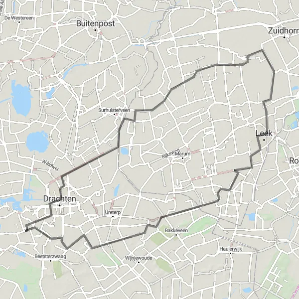 Map miniature of "Scenic Ride to Grootegast" cycling inspiration in Friesland (NL), Netherlands. Generated by Tarmacs.app cycling route planner