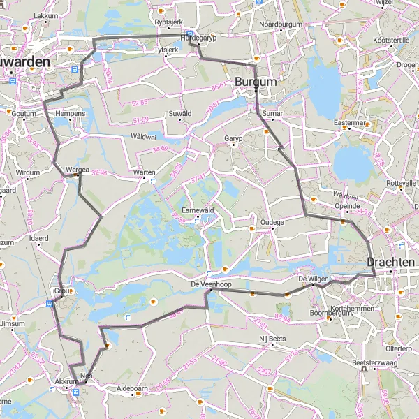 Map miniature of "Exploring Burgum and Rypstjerksterpolder" cycling inspiration in Friesland (NL), Netherlands. Generated by Tarmacs.app cycling route planner