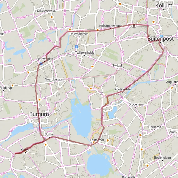 Miniatuurkaart van de fietsinspiratie "Rondje Kootstertille en Kollumersweach" in Friesland (NL), Netherlands. Gemaakt door de Tarmacs.app fietsrouteplanner