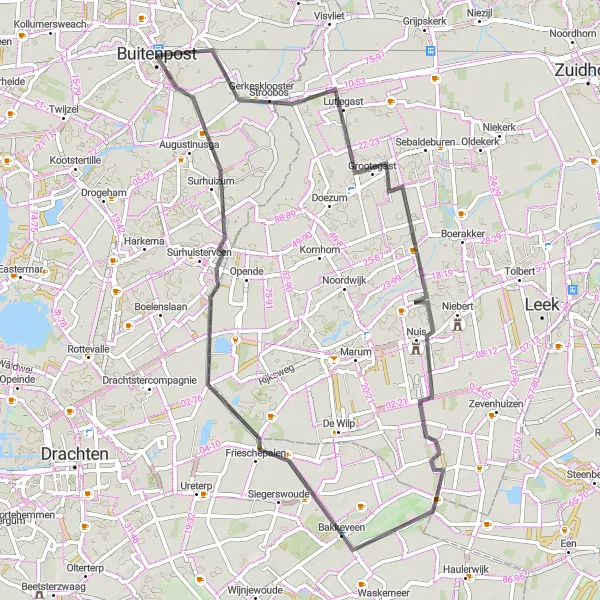 Map miniature of "Grootegast Scenic Ride" cycling inspiration in Friesland (NL), Netherlands. Generated by Tarmacs.app cycling route planner