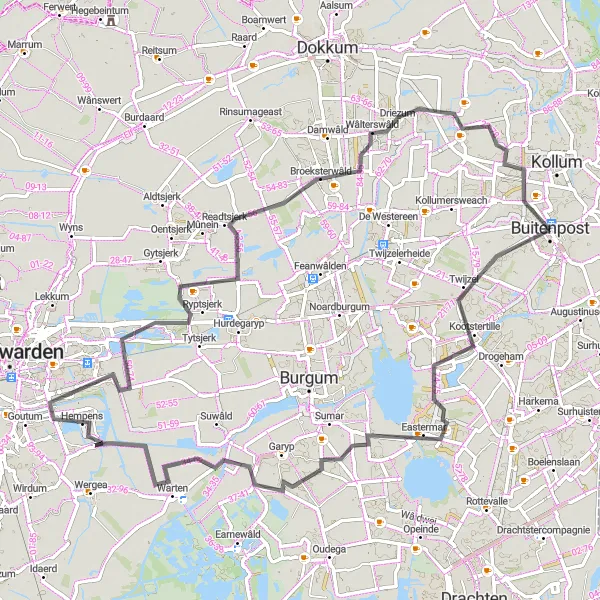 Miniatuurkaart van de fietsinspiratie "Uniek rondje Eastermar en Wâlterswâld" in Friesland (NL), Netherlands. Gemaakt door de Tarmacs.app fietsrouteplanner