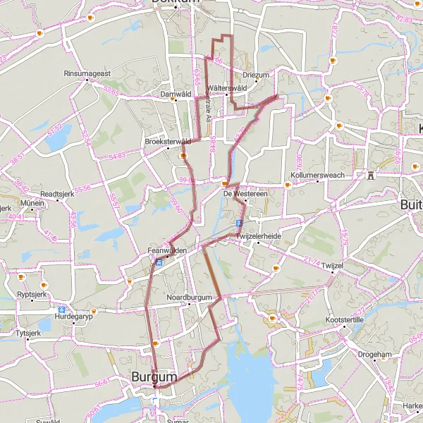 Map miniature of "The Gravel Escape" cycling inspiration in Friesland (NL), Netherlands. Generated by Tarmacs.app cycling route planner