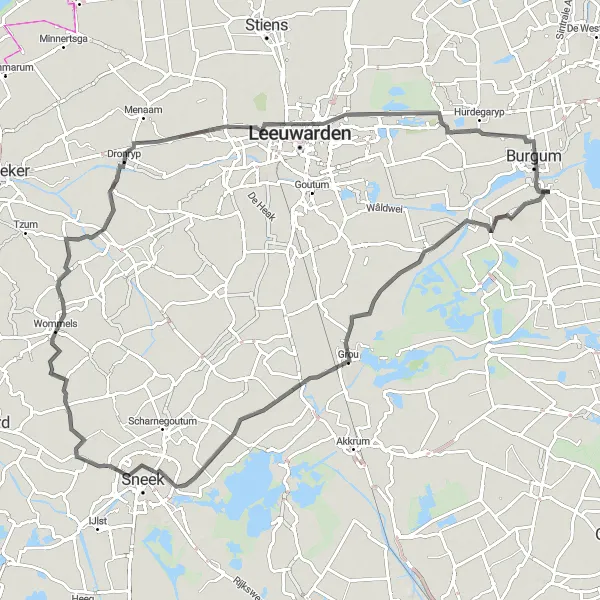 Map miniature of "Burgum to Grou and Tytsjerk Circuit" cycling inspiration in Friesland (NL), Netherlands. Generated by Tarmacs.app cycling route planner