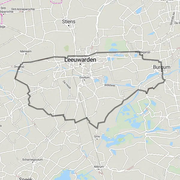 Map miniature of "The Garyp Loop" cycling inspiration in Friesland (NL), Netherlands. Generated by Tarmacs.app cycling route planner