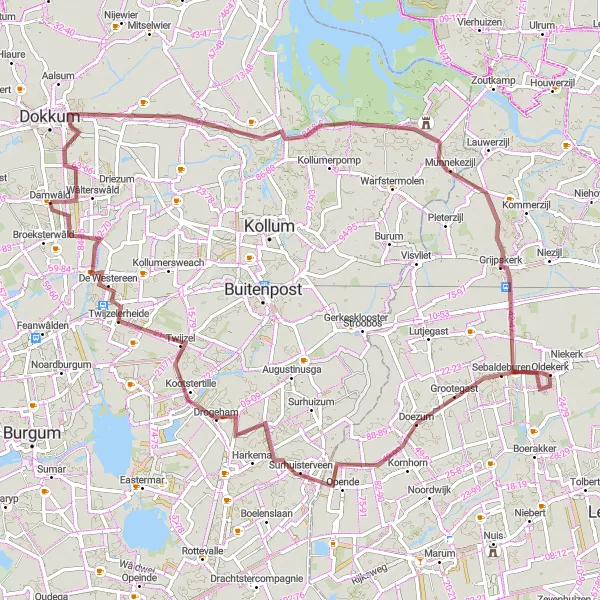 Map miniature of "Damwâld Gravel Adventure" cycling inspiration in Friesland (NL), Netherlands. Generated by Tarmacs.app cycling route planner