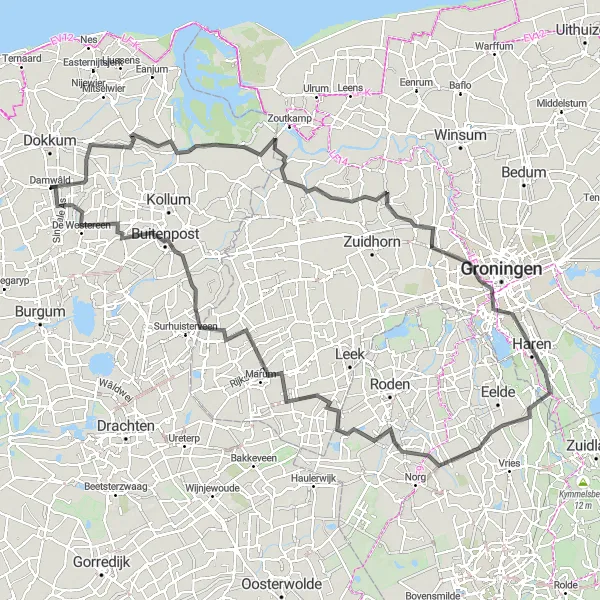 Miniatuurkaart van de fietsinspiratie "Landelijk Groningen en Friesland" in Friesland (NL), Netherlands. Gemaakt door de Tarmacs.app fietsrouteplanner
