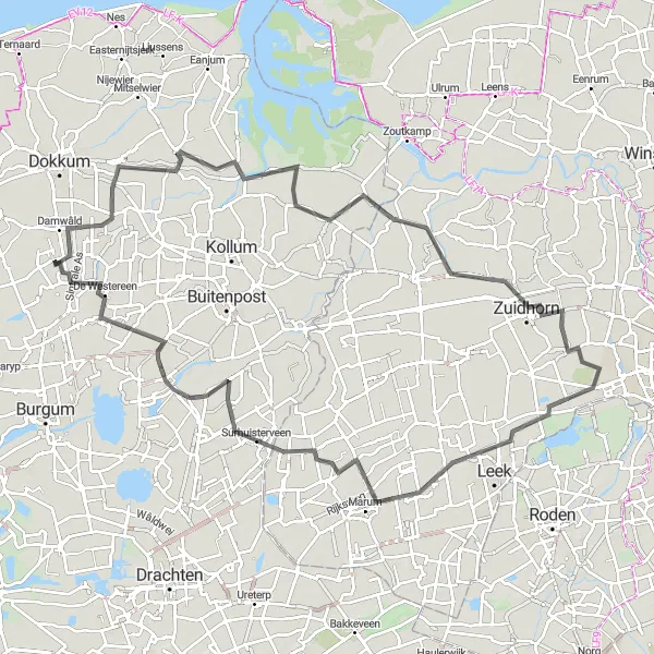 Map miniature of "Damwâld To Westereen Road Cycling Route" cycling inspiration in Friesland (NL), Netherlands. Generated by Tarmacs.app cycling route planner