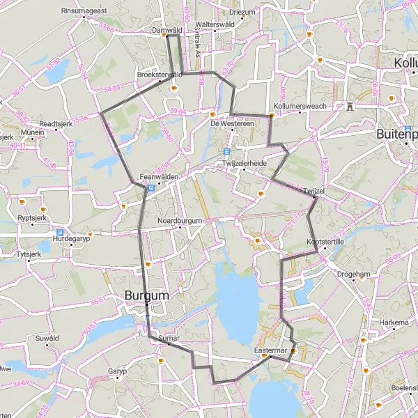 Map miniature of "Charming Villages" cycling inspiration in Friesland (NL), Netherlands. Generated by Tarmacs.app cycling route planner