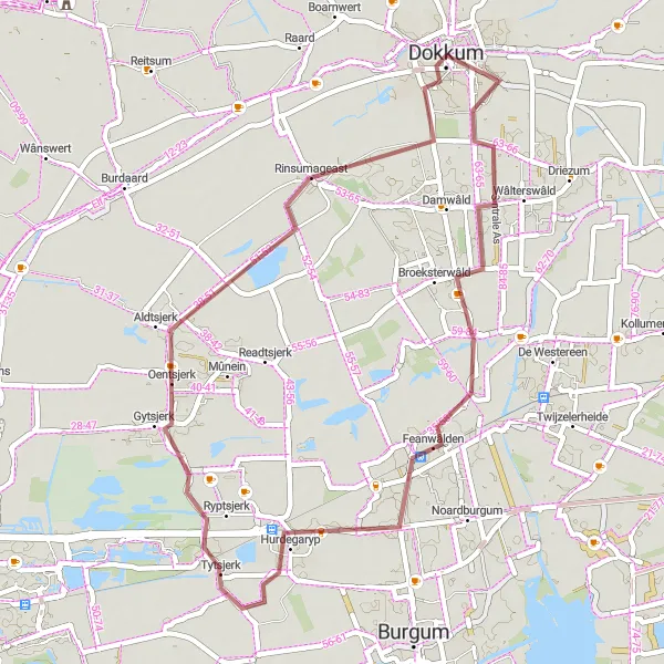 Miniatuurkaart van de fietsinspiratie "Gravelroute langs Feanwâlden en Aldtsjerk" in Friesland (NL), Netherlands. Gemaakt door de Tarmacs.app fietsrouteplanner
