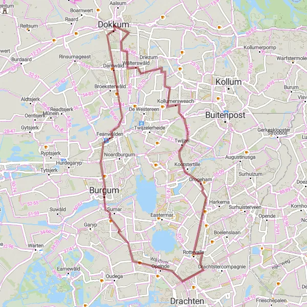 Map miniature of "Gravel Adventure from Dokkum to Damwâld" cycling inspiration in Friesland (NL), Netherlands. Generated by Tarmacs.app cycling route planner