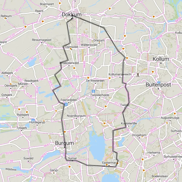 Miniatuurkaart van de fietsinspiratie "Wegroute via Jistrum en Damwâld" in Friesland (NL), Netherlands. Gemaakt door de Tarmacs.app fietsrouteplanner