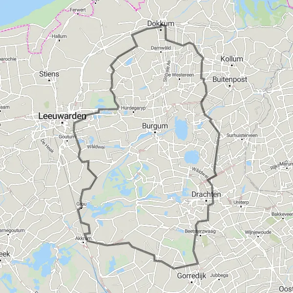 Map miniature of "Dokkum to Rinsumageast: Epic Cycling Journey through Friesland's Landscapes" cycling inspiration in Friesland (NL), Netherlands. Generated by Tarmacs.app cycling route planner