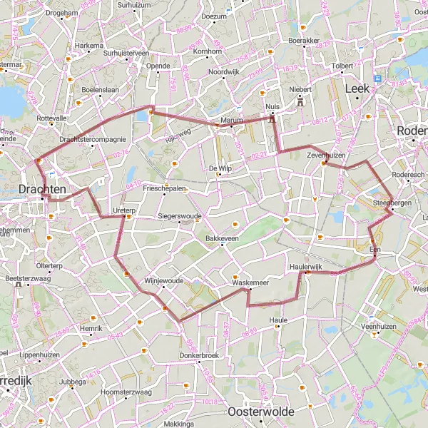 Map miniature of "Gravel Loop to Drachten's Surrounding Villages" cycling inspiration in Friesland (NL), Netherlands. Generated by Tarmacs.app cycling route planner