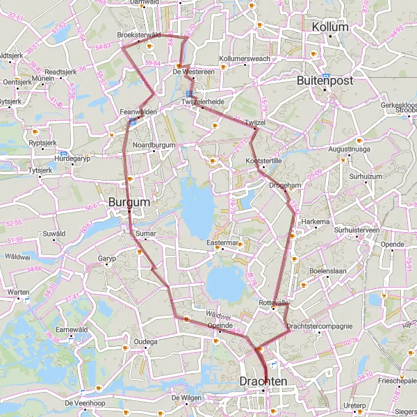Map miniature of "Drachten - Burgum - De Westereen - Drogeham - Rottevalle" cycling inspiration in Friesland (NL), Netherlands. Generated by Tarmacs.app cycling route planner