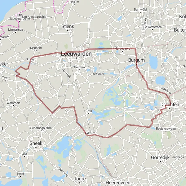 Map miniature of "Drachten - Boornbergum - Akkrum - Wiuwert - Marsum - Rypstjerksterpolder - Burgum - Opeinde" cycling inspiration in Friesland (NL), Netherlands. Generated by Tarmacs.app cycling route planner