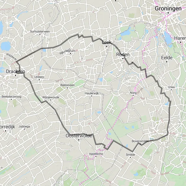 Map miniature of "Drachten - Houtigehage - Noordwijk - Oude Riet - Roden - Uitkijktoren - Assen - Uitkijktoren "De Zeven" - Fochteloo - Donkerbroek - Carillon" cycling inspiration in Friesland (NL), Netherlands. Generated by Tarmacs.app cycling route planner