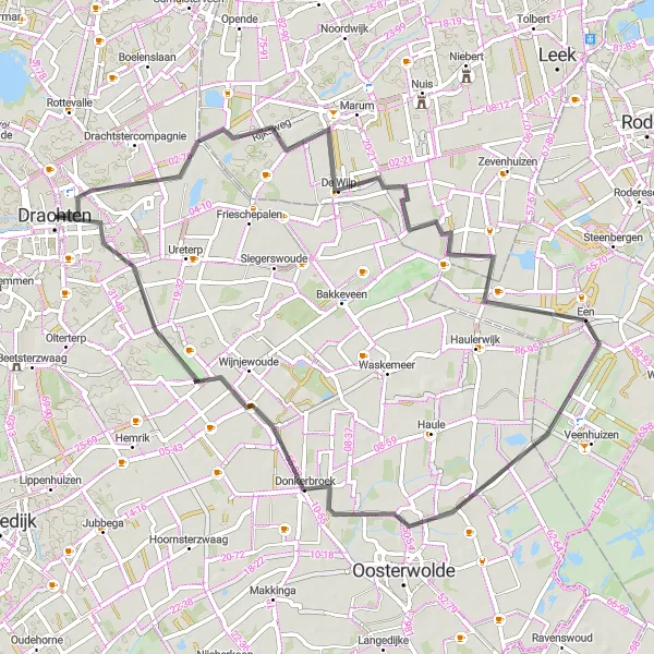 Map miniature of "Drachten - Trimunt - De Wilp - Een-West - Weperpolder - Weperbult - Donkerbroek - Carillon" cycling inspiration in Friesland (NL), Netherlands. Generated by Tarmacs.app cycling route planner