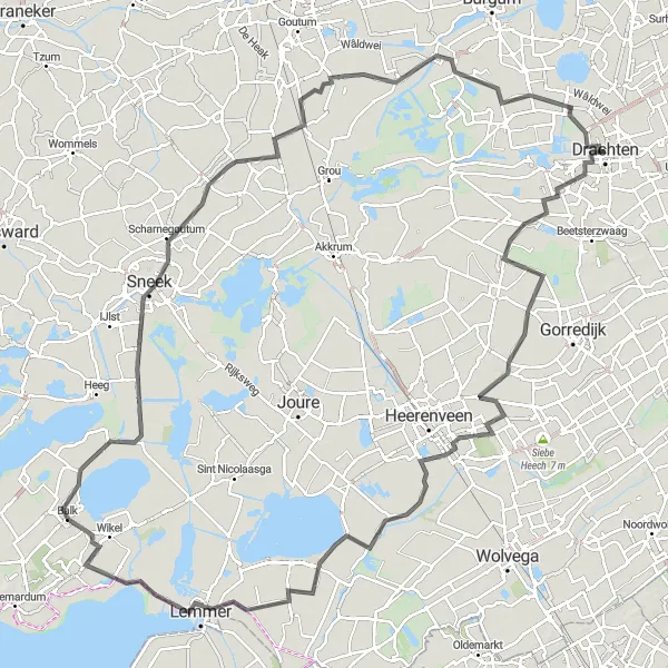 Map miniature of "Drachten - Distinctive, unique title for the route (avoid generics)" cycling inspiration in Friesland (NL), Netherlands. Generated by Tarmacs.app cycling route planner