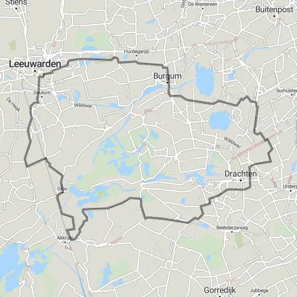 Map miniature of "Tytsjerk and Beyond" cycling inspiration in Friesland (NL), Netherlands. Generated by Tarmacs.app cycling route planner