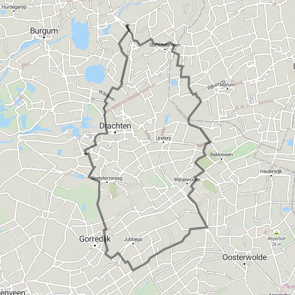 Map miniature of "Historical Villages Ride" cycling inspiration in Friesland (NL), Netherlands. Generated by Tarmacs.app cycling route planner
