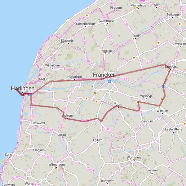 Miniatuurkaart van de fietsinspiratie "Gravelavontuur Franeker" in Friesland (NL), Netherlands. Gemaakt door de Tarmacs.app fietsrouteplanner