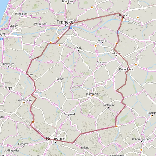 Map miniature of "Gravel adventure in the countryside" cycling inspiration in Friesland (NL), Netherlands. Generated by Tarmacs.app cycling route planner