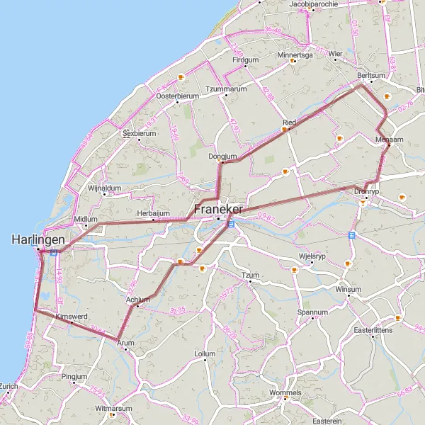 Map miniature of "Franeker's hidden treasures" cycling inspiration in Friesland (NL), Netherlands. Generated by Tarmacs.app cycling route planner