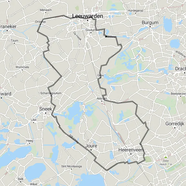 Map miniature of "From Dronryp to Leeuwarden and beyond" cycling inspiration in Friesland (NL), Netherlands. Generated by Tarmacs.app cycling route planner