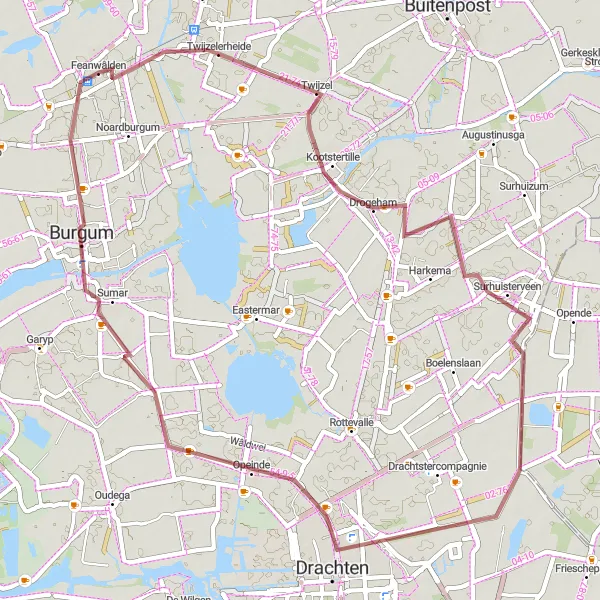 Map miniature of "Surhuisterveen and Drachten Gravel Loop" cycling inspiration in Friesland (NL), Netherlands. Generated by Tarmacs.app cycling route planner