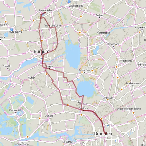 Miniatuurkaart van de fietsinspiratie "Gravelroute rond Feanwâlden" in Friesland (NL), Netherlands. Gemaakt door de Tarmacs.app fietsrouteplanner