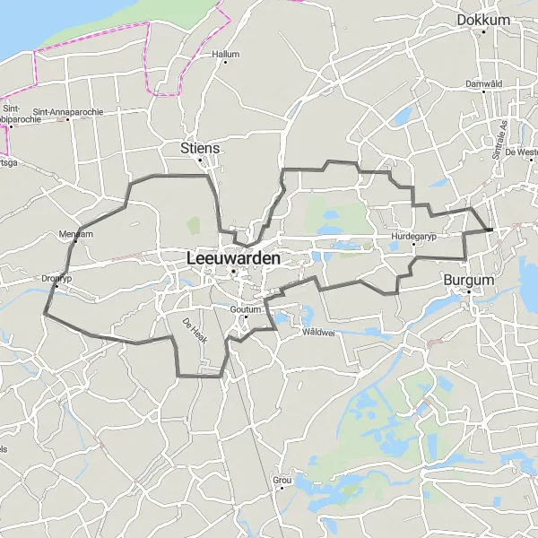 Miniatuurkaart van de fietsinspiratie "Lange wegfietsroute langs historische plaatsen en natuurreservaten" in Friesland (NL), Netherlands. Gemaakt door de Tarmacs.app fietsrouteplanner