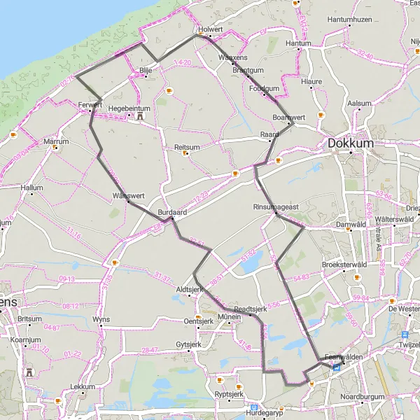 Map miniature of "Rinsumageast and Ferwert Loop" cycling inspiration in Friesland (NL), Netherlands. Generated by Tarmacs.app cycling route planner