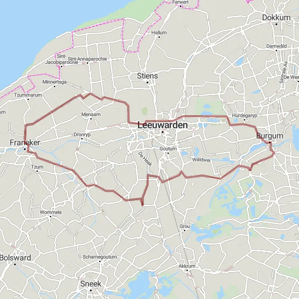 Map miniature of "Challenging Gravel Bike Route from Franeker to Berltsum, Hurdegaryp, Garyp, Wergea, and Baard" cycling inspiration in Friesland (NL), Netherlands. Generated by Tarmacs.app cycling route planner