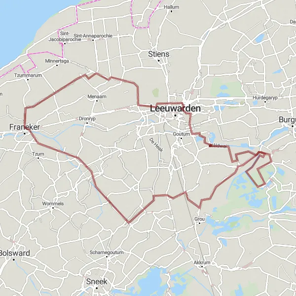 Miniatuurkaart van de fietsinspiratie "Een actief dagje van Franeker naar Earnewâld" in Friesland (NL), Netherlands. Gemaakt door de Tarmacs.app fietsrouteplanner