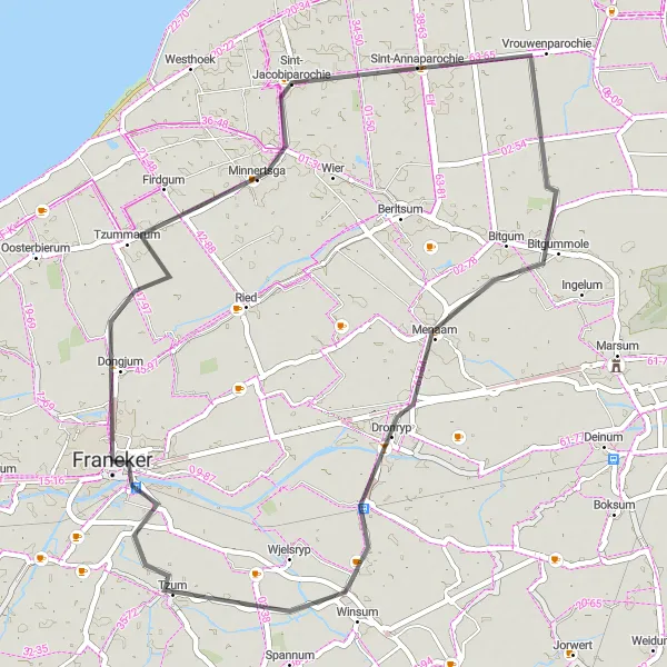 Map miniature of "Circular Bike Route from Franeker to Dongjum, Sint-Annaparochie, Dronryp, and Arkens" cycling inspiration in Friesland (NL), Netherlands. Generated by Tarmacs.app cycling route planner