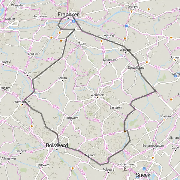 Map miniature of "Road Cycling Loop from Franeker to Britswert, Reahûs, Bolsward, Arum, and Franeker" cycling inspiration in Friesland (NL), Netherlands. Generated by Tarmacs.app cycling route planner